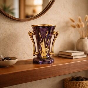Vintage‎ Burgundy Art Nouveau Vase Iridescent Gloss With 22K Gold Accents - GUC